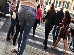 Tight jeans sexy ass with thong popping out walking